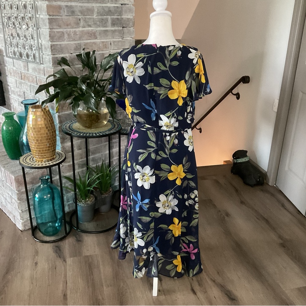 Adrianna Papell Blue and Yellow Asymmetrical Wrap Midi Dress - Picture 2 of 5